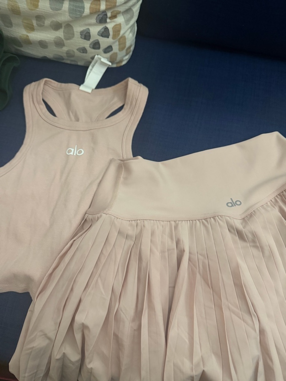 ALO Yoga Blush Pink tank and skirt